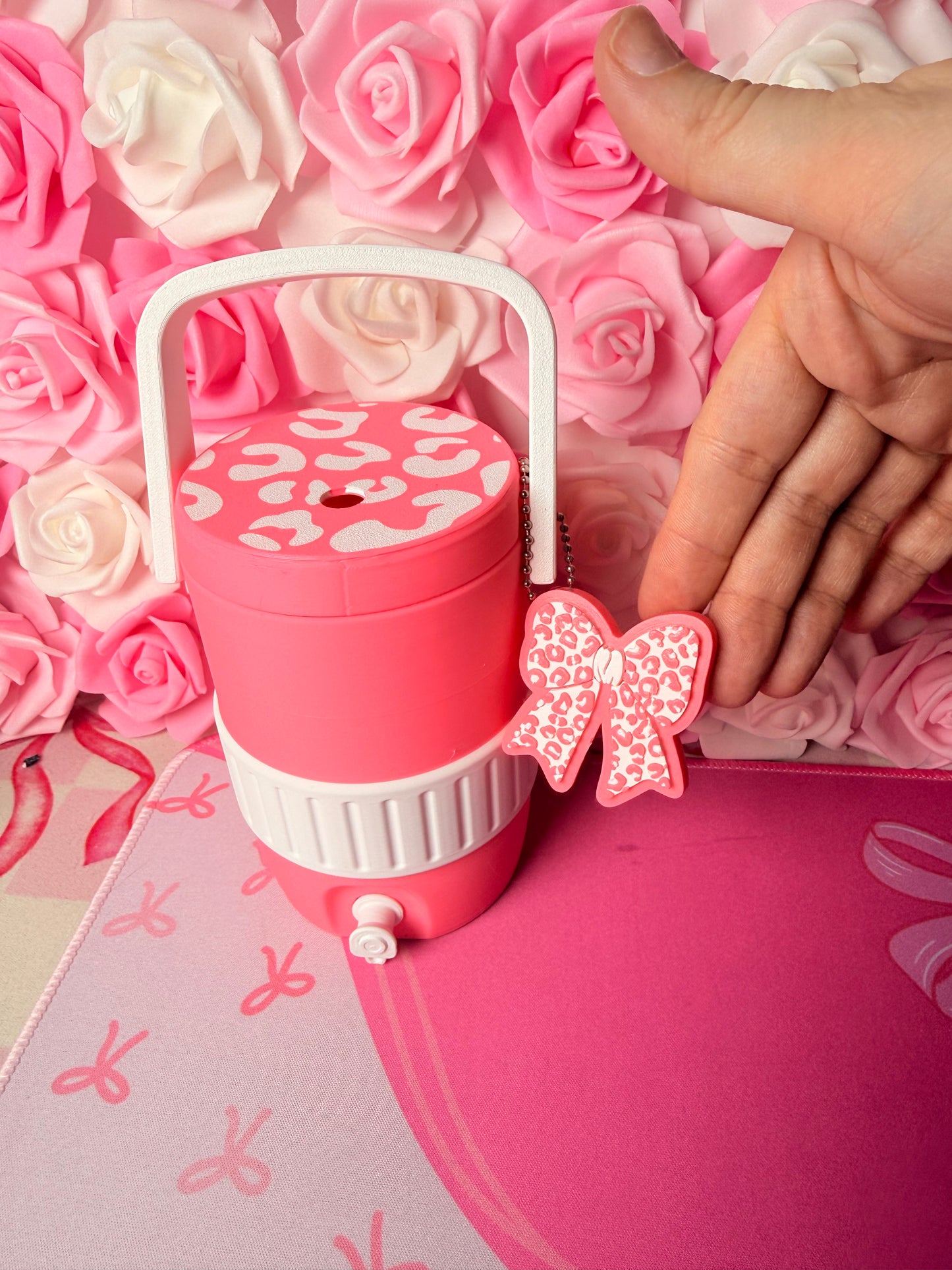 cooler with leopard lid with can opener