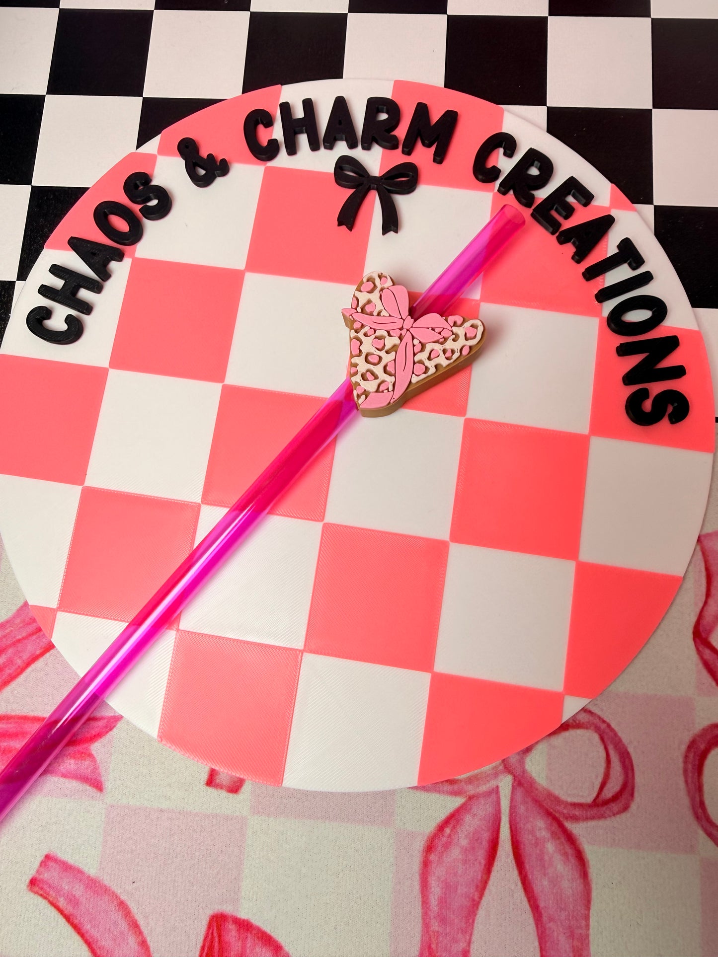 Leopard Heart with bow straw topper