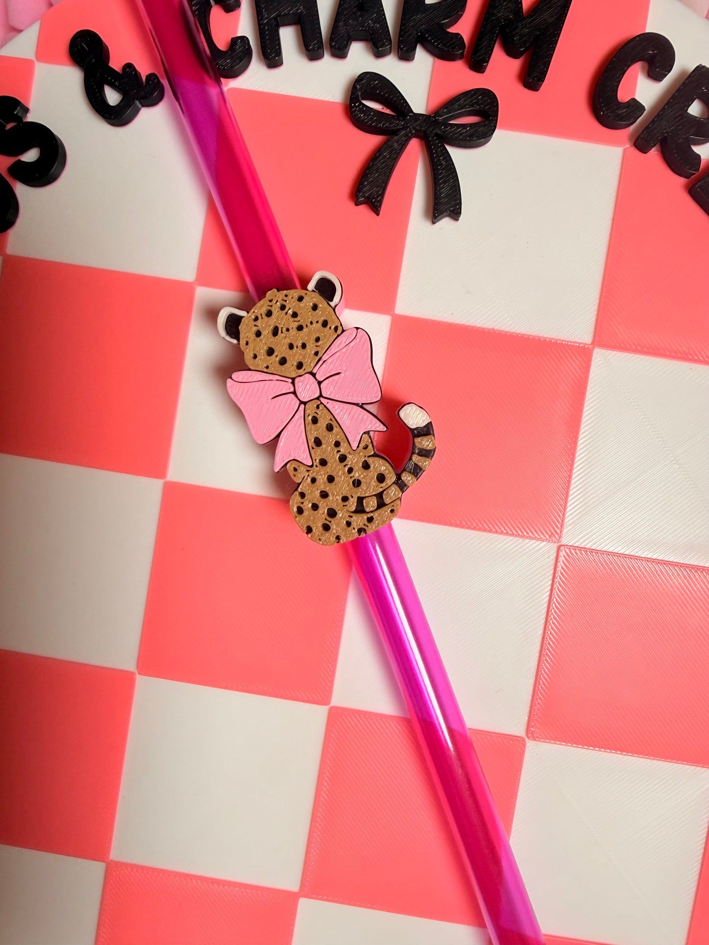 Spotted Cheetah with Bow Straw Topper