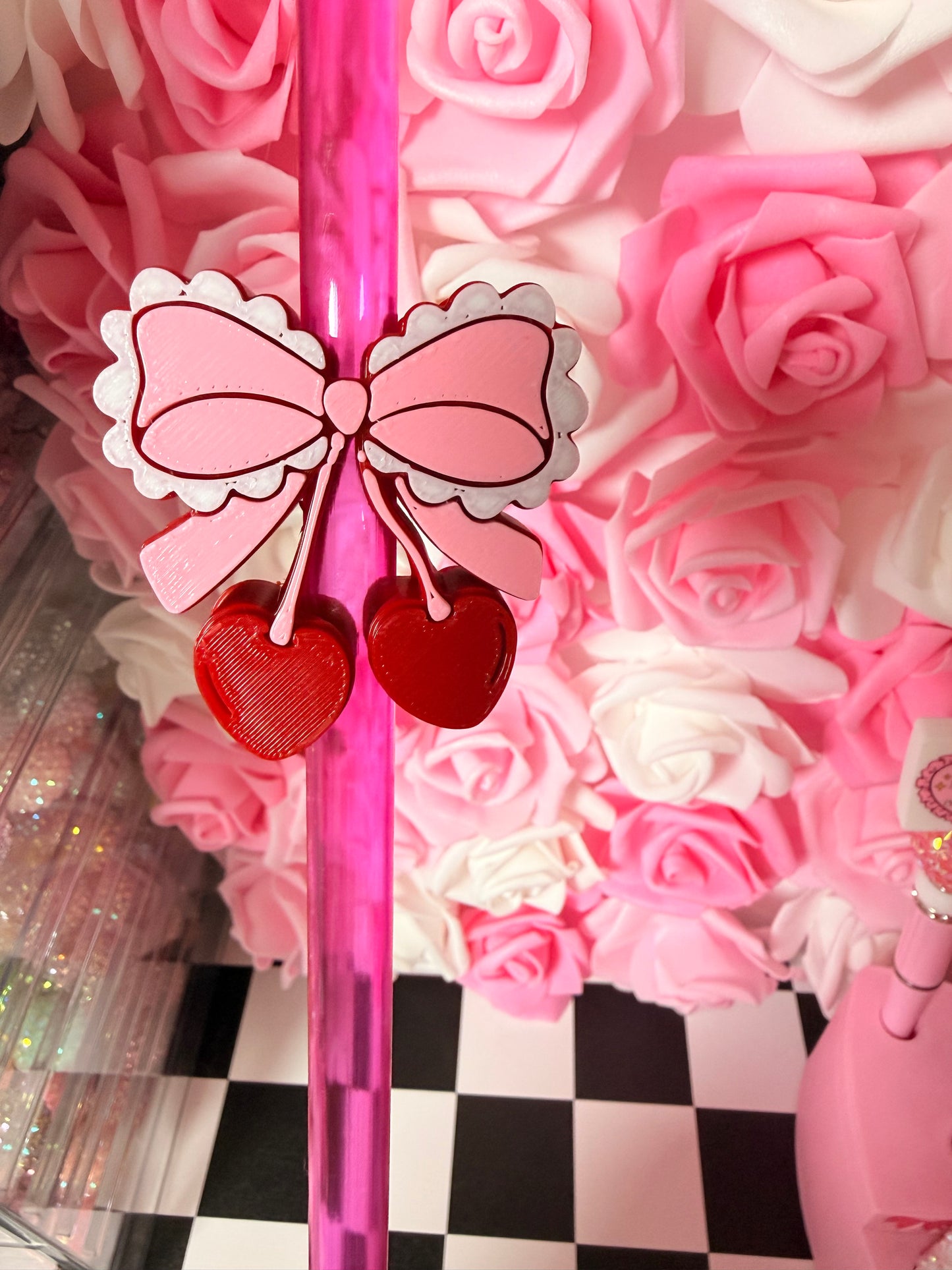 Lace Bow with Cherries Straw Topper