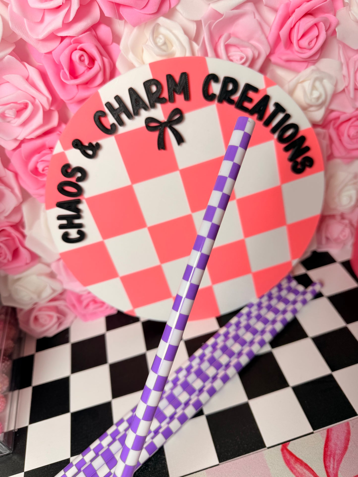 Purple Checkered Print 40 0z Straw