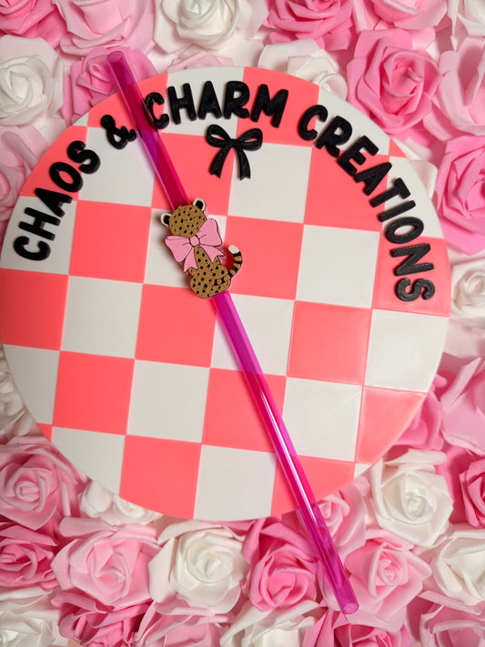 Spotted Cheetah with Bow Straw Topper