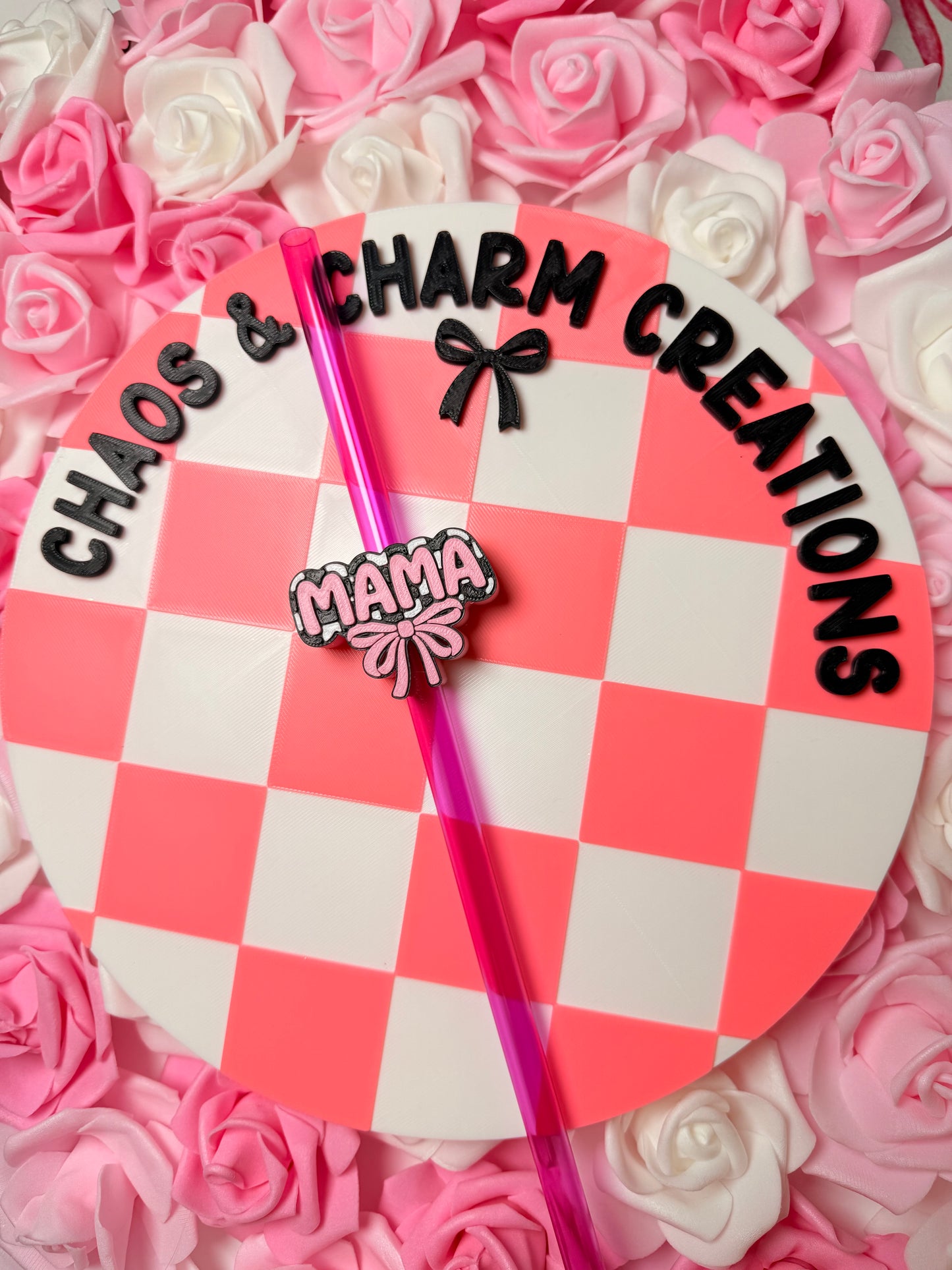 Checkered Mama Pink Straw Topper