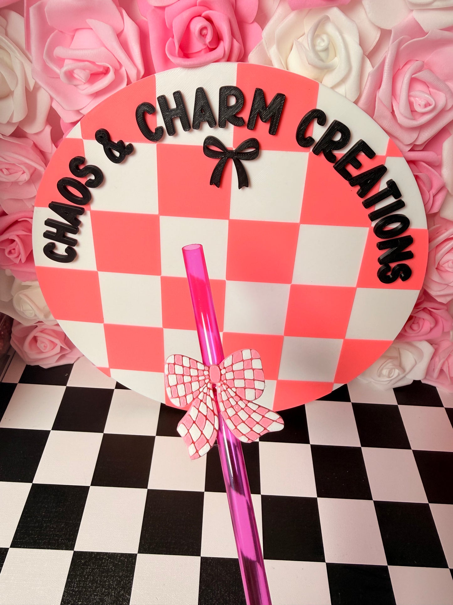 Checkered Print Bow Straw Topper