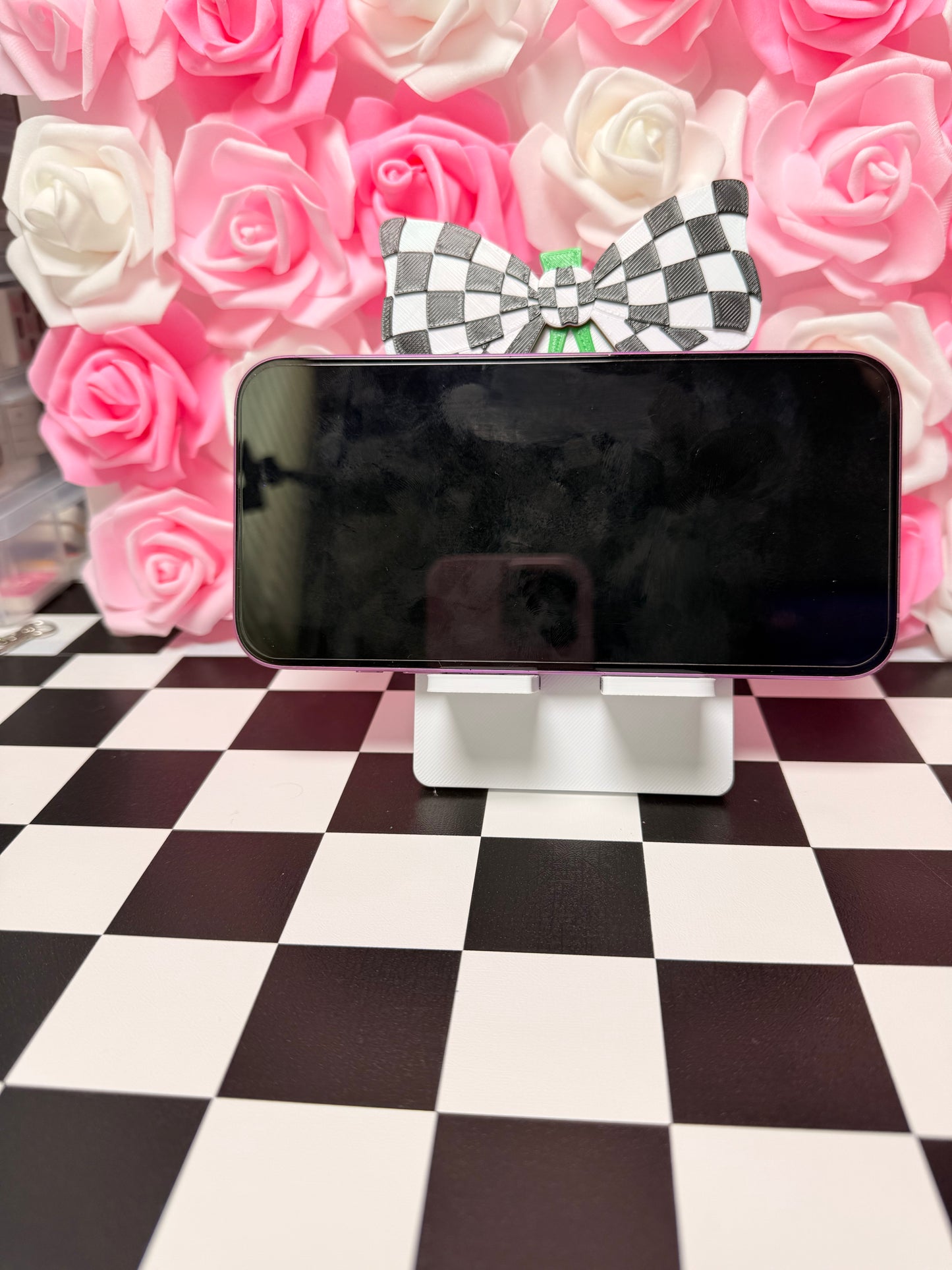 Checkered bow and cherries phone holder