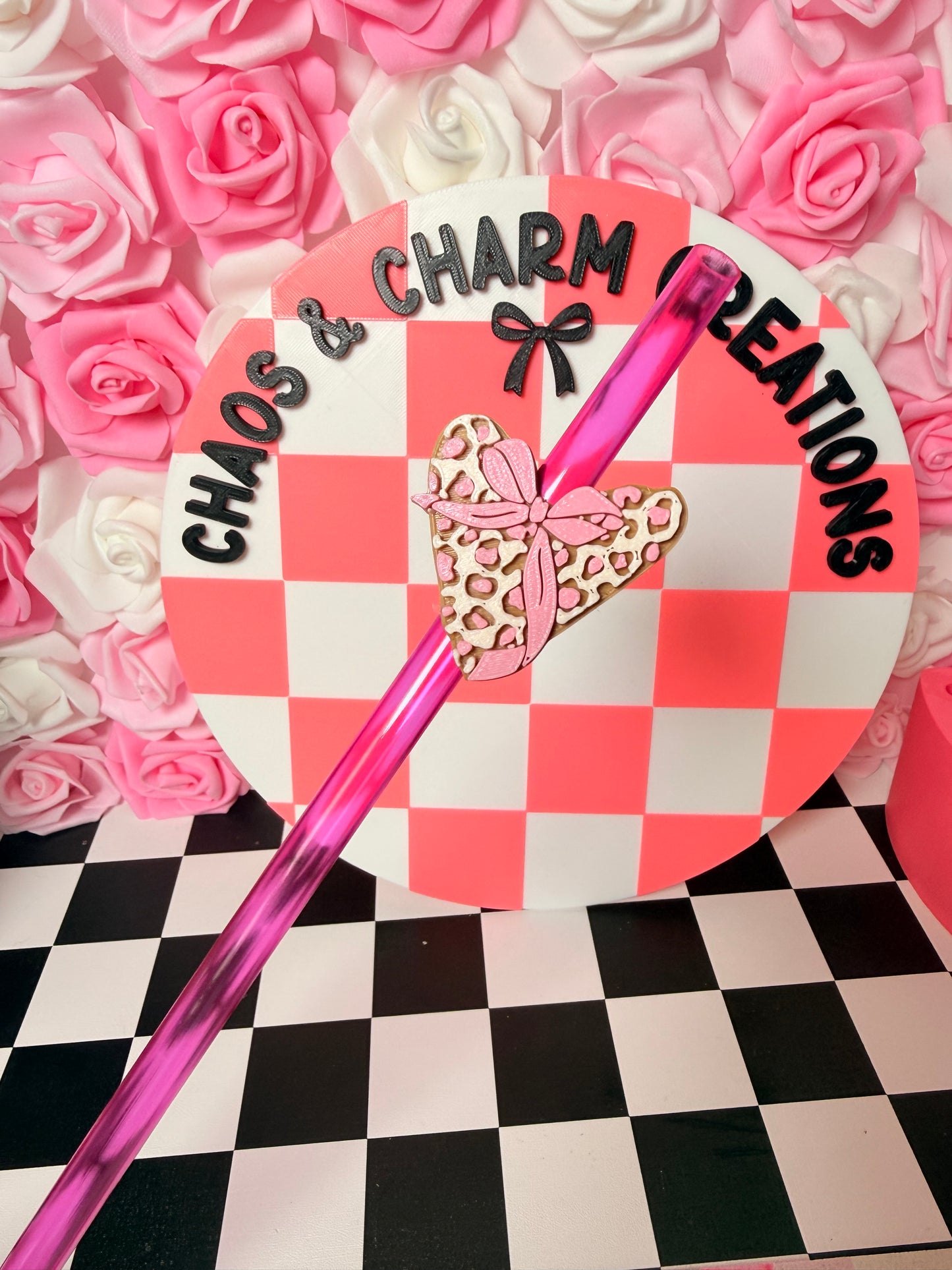 Leopard Heart with bow straw topper