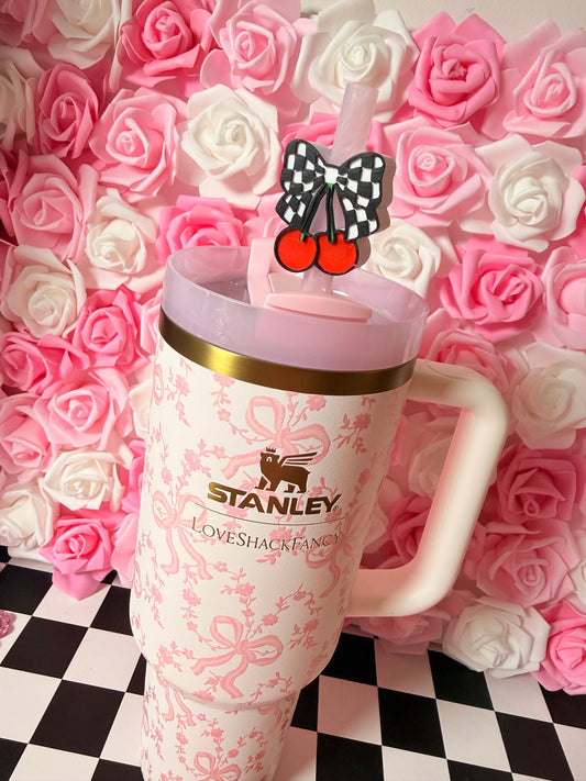 Checkered Bow with Cherries Straw Topper
