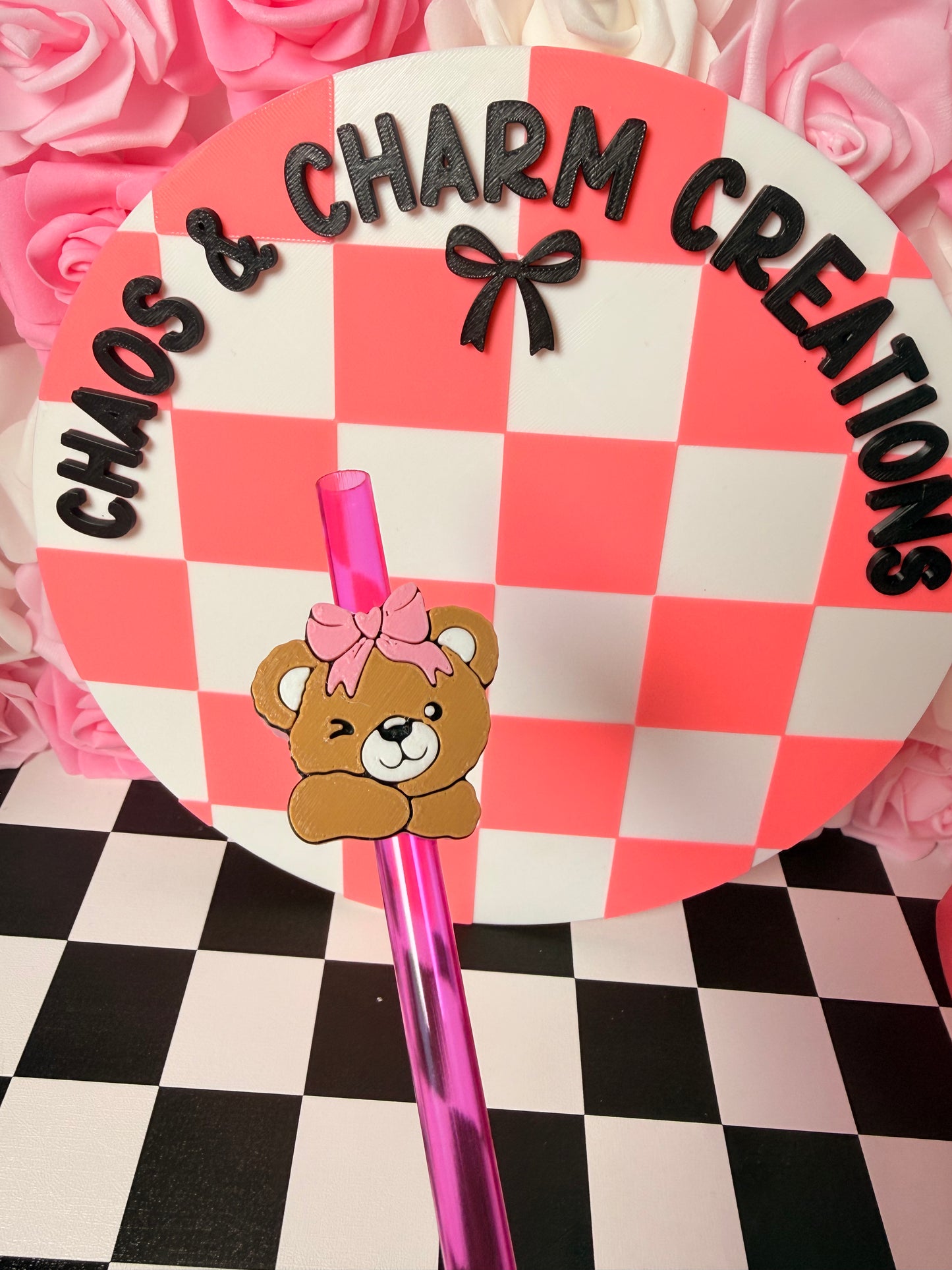 Cute Bear with Bow Straw Topper